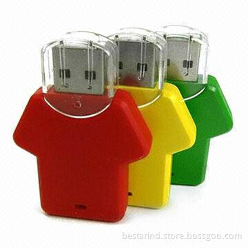 Promotional T-shirt USB flash drive, made of plastic, customized colors/logos/packing ways accepted